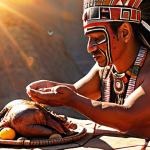 An Aztec priest offering a turkey heart to the sun god, emphasizing the sacred ritual.