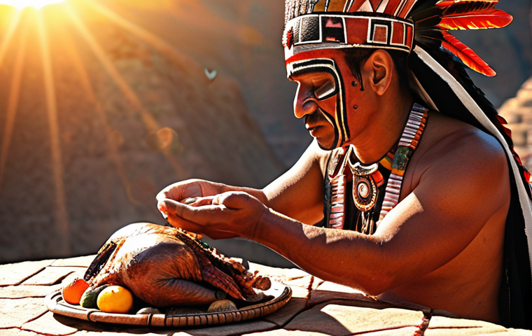 An Aztec priest offering a turkey heart to the sun god, emphasizing the sacred ritual.