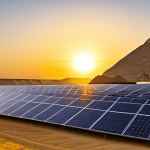 A breathtaking panoramic landscape depicting ancient pyramids bathed in the golden light of dawn, seamlessly merging with a vast, modern solar panel array stretching towards the horizon. The sky is clear, suggesting a new era of sustainable energy. The scene conveys a timeless wisdom meeting cutting-edge technology, with a sense of peace and progress. Safe for work, appropriate content, fully clothed, family-friendly, professional photography, high quality, perfect anatomy, correct proportions, natural pose, well-formed hands, proper finger count, natural body proportions.
