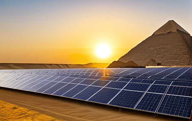 A breathtaking panoramic landscape depicting ancient pyramids bathed in the golden light of dawn, seamlessly merging with a vast, modern solar panel array stretching towards the horizon. The sky is clear, suggesting a new era of sustainable energy. The scene conveys a timeless wisdom meeting cutting-edge technology, with a sense of peace and progress. Safe for work, appropriate content, fully clothed, family-friendly, professional photography, high quality, perfect anatomy, correct proportions, natural pose, well-formed hands, proper finger count, natural body proportions.