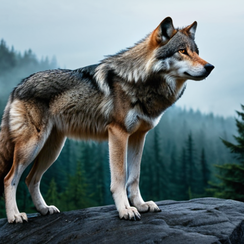 Home 24 A majestic, powerful wolf, standing on a rocky mountain peak at dawn, overlooking a vast, misty ancient forest. Its thick, well-groomed fur is detailed, and its intelligent eyes gaze into the distance. The scene conveys the raw, untamed essence of nature. Professional nature photography, epic lighting, cinematic atmosphere, high detail, realistic, sharp focus. safe for work, appropriate content, fully clothed, professional dress, modest clothing, family-friendly, perfect anatomy, correct proportions, natural pose, well-formed paws, natural body proportions.