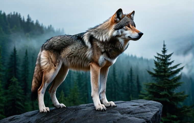 A majestic, powerful wolf, standing on a rocky mountain peak at dawn, overlooking a vast, misty ancient forest. Its thick, well-groomed fur is detailed, and its intelligent eyes gaze into the distance. The scene conveys the raw, untamed essence of nature. Professional nature photography, epic lighting, cinematic atmosphere, high detail, realistic, sharp focus. safe for work, appropriate content, fully clothed, professional dress, modest clothing, family-friendly, perfect anatomy, correct proportions, natural pose, well-formed paws, natural body proportions.