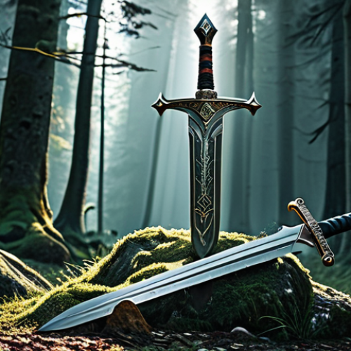 Home 23 **
"A majestic sword, Excalibur, embedded in a large stone, bathed in soft light in a mystical forest clearing. The sword is intricately detailed with ancient runes, fully clothed figures in medieval attire gather around in awe, appropriate content, safe for work, perfect anatomy, natural proportions, family-friendly scene, professional illustration, high quality."
**