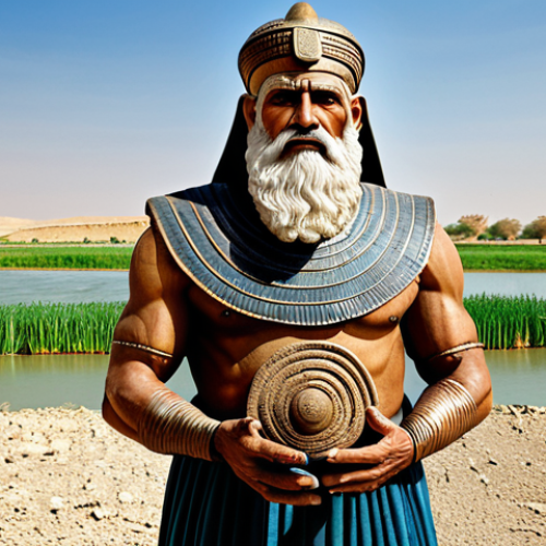 Home 12 **Prompt:** Enki, the Sumerian god of wisdom, depicted as a wise mentor, fully clothed in ancient Mesopotamian attire, teaching humans agriculture near the Euphrates River, appropriate content, safe for work, professional, perfect anatomy, natural proportions.