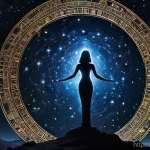 누트와 하늘의 여신 - A majestic depiction of the Egyptian goddess Nut, her body a deep cosmic blue, intricately adorned w...