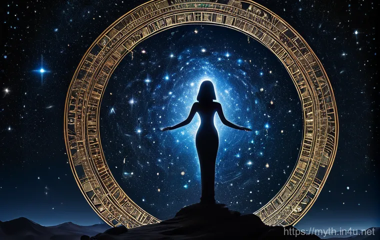 누트와 하늘의 여신 - A majestic depiction of the Egyptian goddess Nut, her body a deep cosmic blue, intricately adorned w...