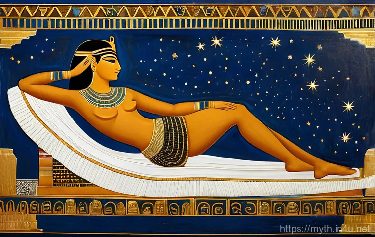 누트와 하늘의 여신 - A majestic depiction of the Egyptian goddess Nut, her body a deep cosmic blue, intricately adorned w...