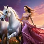 에오스와 새벽의 여신 - A beautiful and serene Eos, the Greek goddess of dawn, in a flowing rose-colored gown, standing grac...