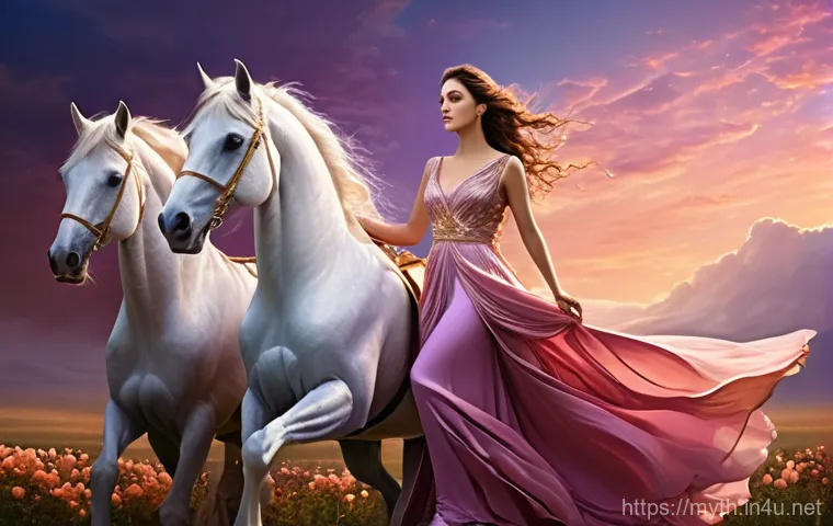 에오스와 새벽의 여신 - A beautiful and serene Eos, the Greek goddess of dawn, in a flowing rose-colored gown, standing grac...