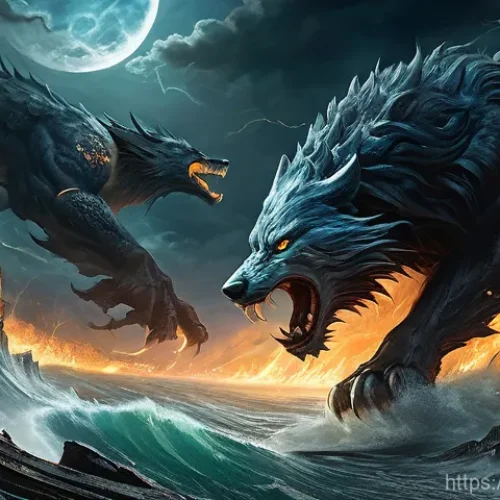 Home 22 노르드 신화의 라그나로크 - **Prompt 1: The Cosmic War of Ragnarok's Climax**
A wide, panoramic view of a chaotic, apocalypt...