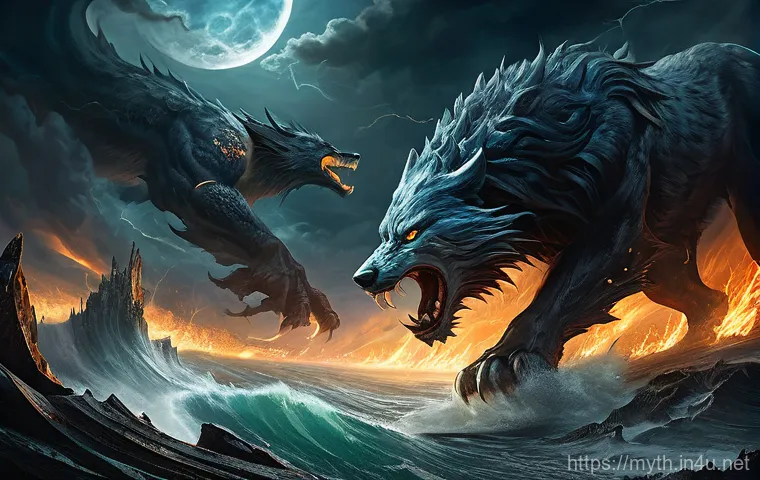 노르드 신화의 라그나로크 - **Prompt 1: The Cosmic War of Ragnarok's Climax**
    A wide, panoramic view of a chaotic, apocalypt...