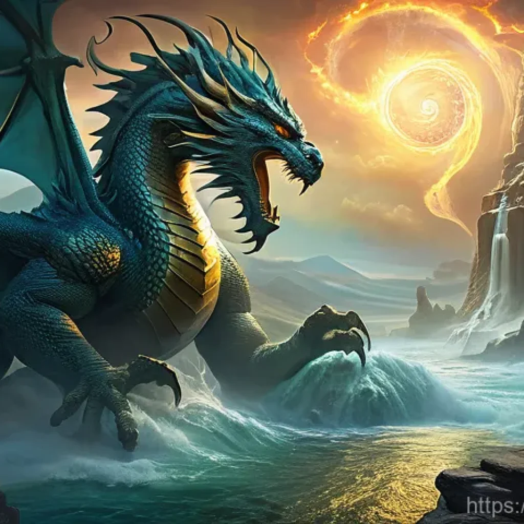 마르두크와 바벨론 창세 신화 - **Prompt:** A majestic, ancient scene depicting the primordial chaos from Babylonian myth. At the ce...