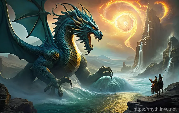 마르두크와 바벨론 창세 신화 - **Prompt:** A majestic, ancient scene depicting the primordial chaos from Babylonian myth. At the ce...