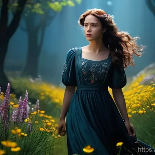 Home 20 페르세포네와 하데스의 신화 - A beautiful and pure young Persephone, wearing a flowing, modest floral dress, surrounded by vibrant...