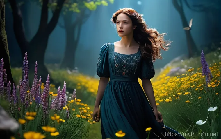 페르세포네와 하데스의 신화 - A beautiful and pure young Persephone, wearing a flowing, modest floral dress, surrounded by vibrant...