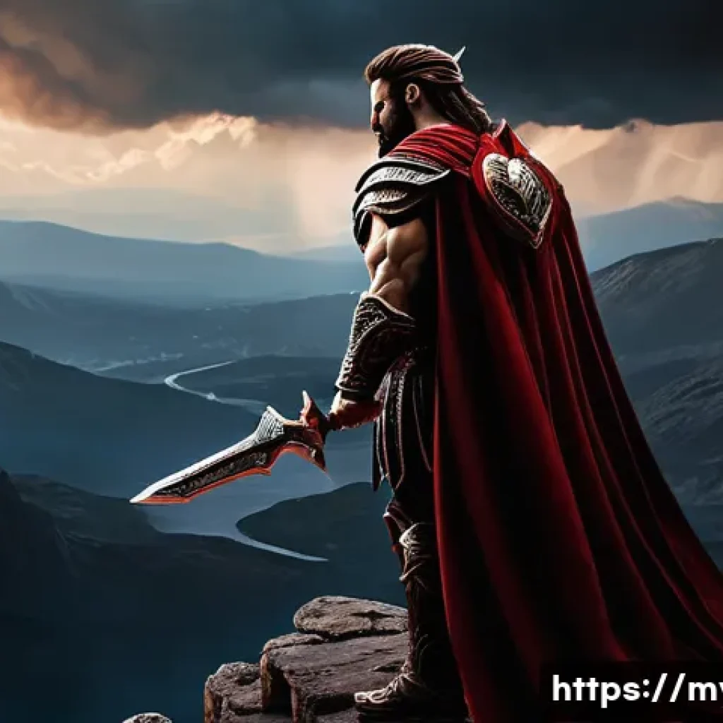 아레스와 전쟁 신화 - **A powerful and imposing Ares, the Greek God of War, stands alone on a mountaintop, observing a vas...