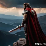 아레스와 전쟁 신화 - **A powerful and imposing Ares, the Greek God of War, stands alone on a mountaintop, observing a vas...