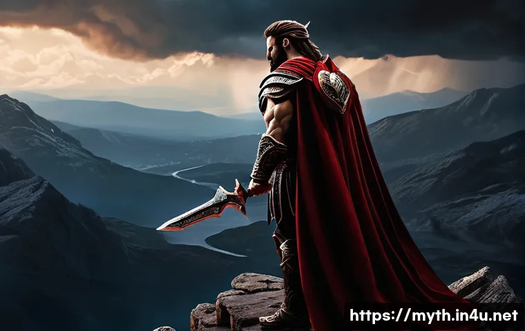 아레스와 전쟁 신화 - **A powerful and imposing Ares, the Greek God of War, stands alone on a mountaintop, observing a vas...